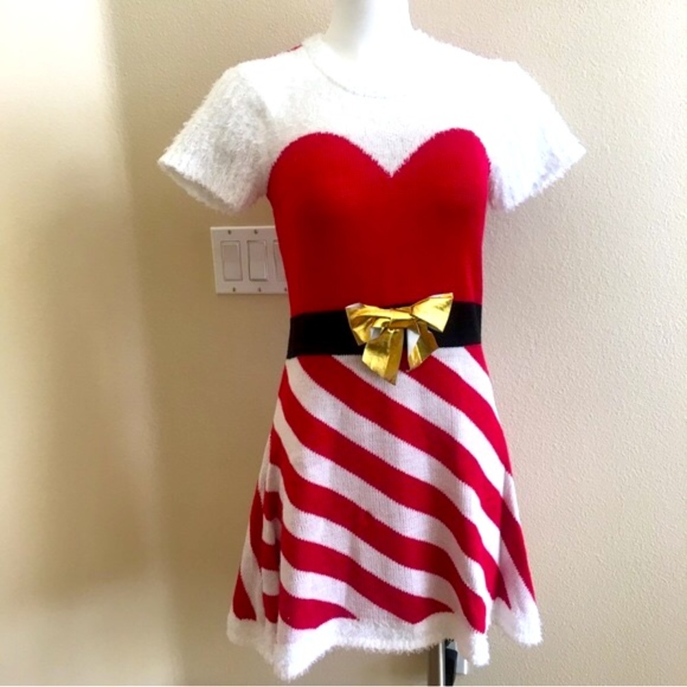 Christmas Sweater Dress Lg Red White gold bow Mrs Claus Ugly Christmas Sweater